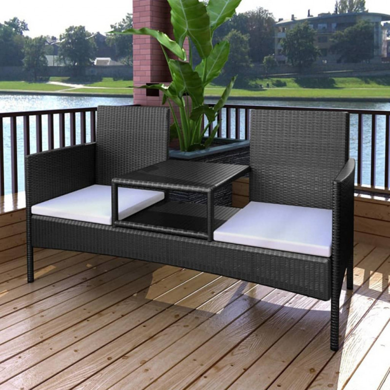 Dwuosobowa sofa ogrodowa ze stolikiem, rattan PE, czarna