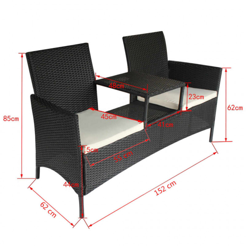 Dwuosobowa sofa ogrodowa ze stolikiem, rattan PE, czarna