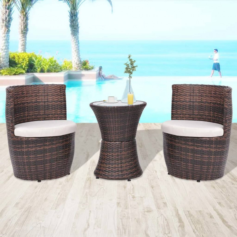 3-cz. zestaw mebli bistro z poduszkami, rattan PE, brązowy