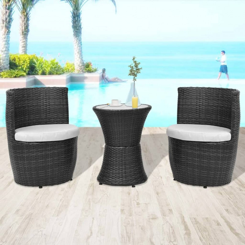 3-cz. zestaw mebli bistro z poduszkami, rattan PE, czarny