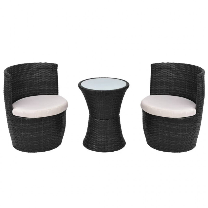 3-cz. zestaw mebli bistro z poduszkami, rattan PE, czarny