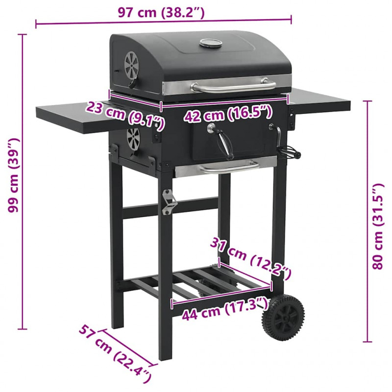 Grill węglowy z dolną półką, czarny