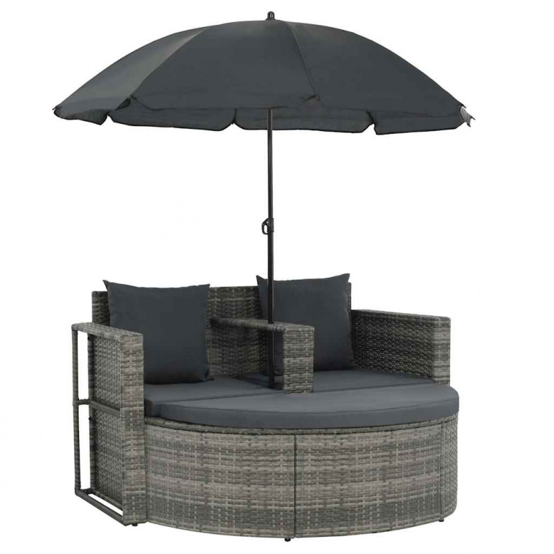 2-osobowa sofa z poduszkami i parasolem, polirattan, szara