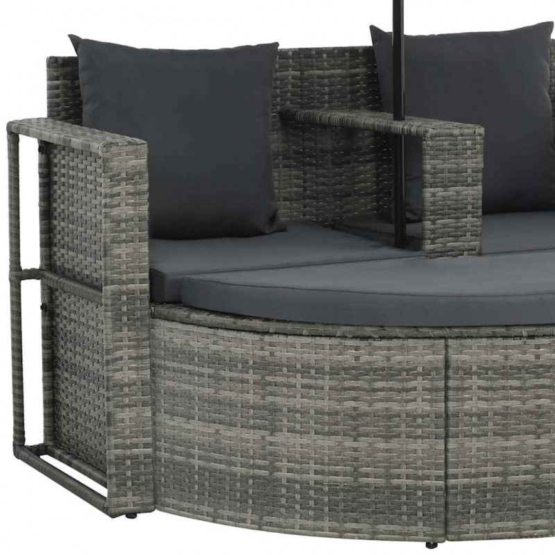 2-osobowa sofa z poduszkami i parasolem, polirattan, szara