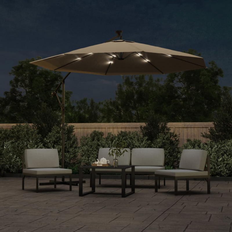 Parasol wiszący z LED i stalowym słupkiem, 300 cm, taupe