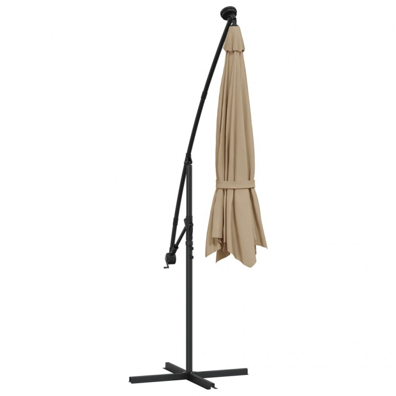 Parasol wiszący z LED i stalowym słupkiem, 300 cm, taupe