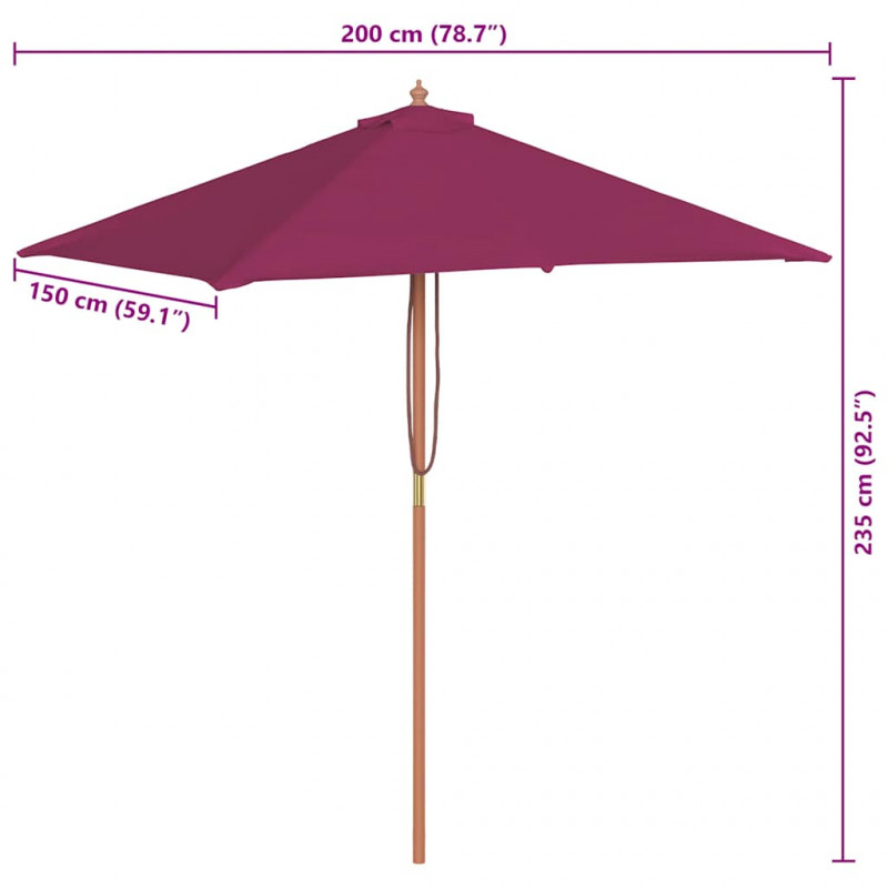 Parasol ogrodowy na drewnianym słupku, 150 x 200 cm, bordowy