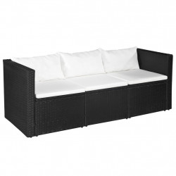 3-osobowa sofa ogrodowa, czarny polirattan z białymi poduszkami