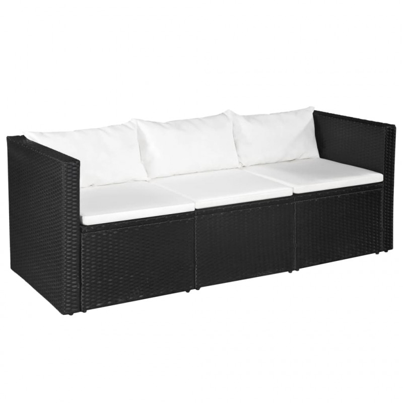 3-osobowa sofa ogrodowa, czarny polirattan z białymi poduszkami