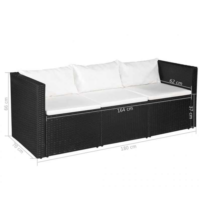 3-osobowa sofa ogrodowa, czarny polirattan z białymi poduszkami
