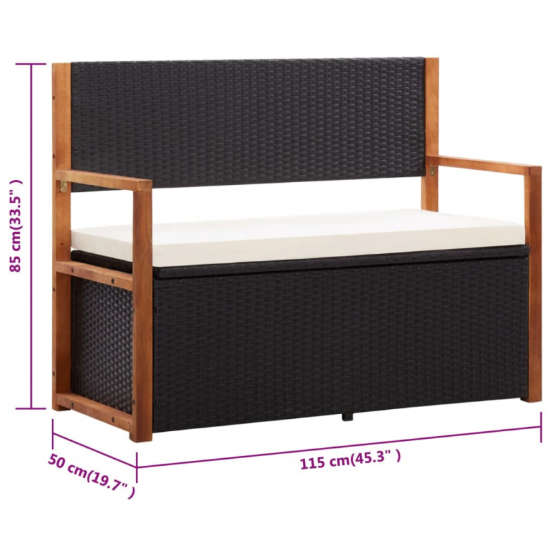 Ławka ze schowkiem, 115 cm, rattan PE i drewno akacjowe, czarna
