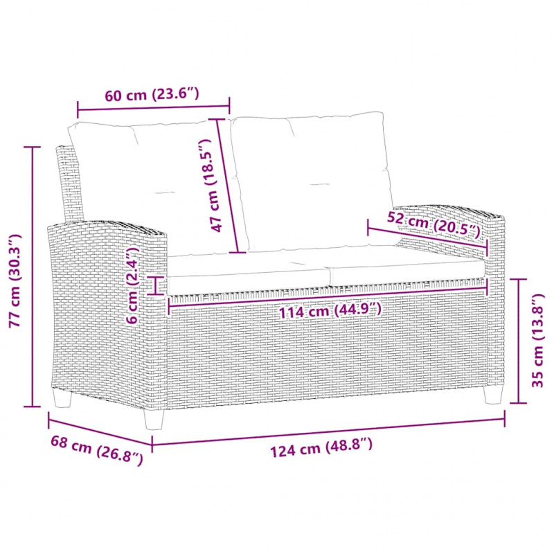 2-osobowa sofa ogrodowa z poduszkami, czarna, 124 cm, rattan PE