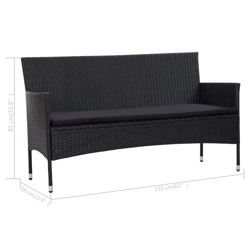 3-osobowa sofa ogrodowa z poduszkami, polirattan, czarna