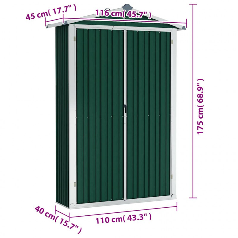 Szopa ogrodowa, zielona, 116x45x175 cm, stal galwanizowana