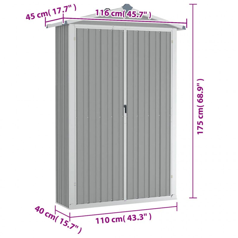 Szopa ogrodowa, szara, 116x45x175 cm, stal galwanizowana