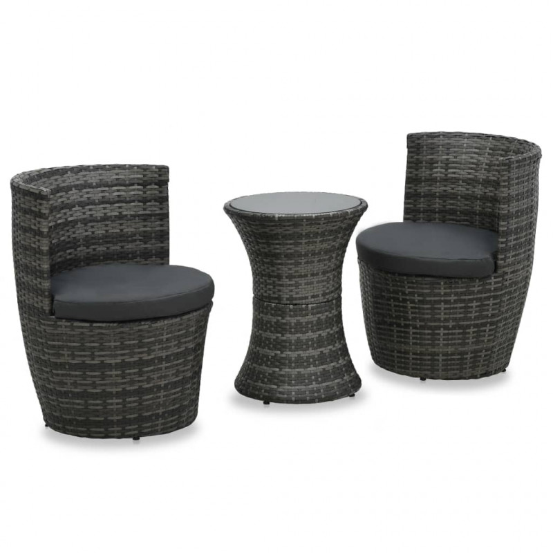3-cz. zestaw mebli bistro z poduszkami, rattan PE, szary
