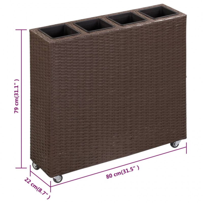 Podwyższona donica z 4 wkładami 80x22x79 cm, rattan PE, brązowa