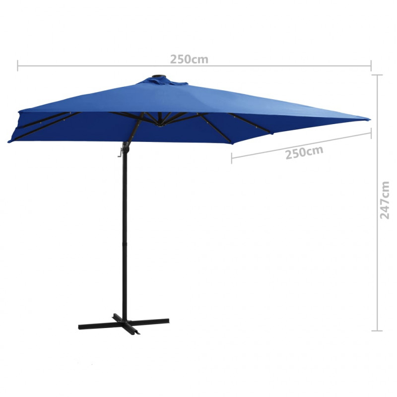 Parasol wiszący z LED i stalowym słupkiem 250x250 cm, niebieski