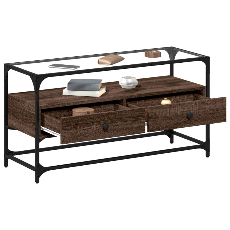 Szafka pod TV ze szklanym blatem, brązowy dąb, 98x35x51 cm