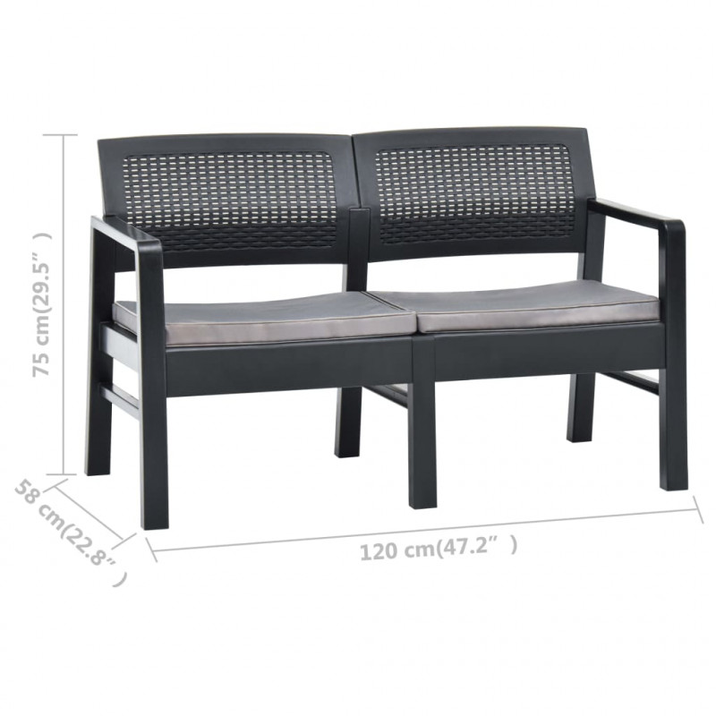 2-os. ławka ogrodowa z poduszkami, 120 cm, plastik, antracyt