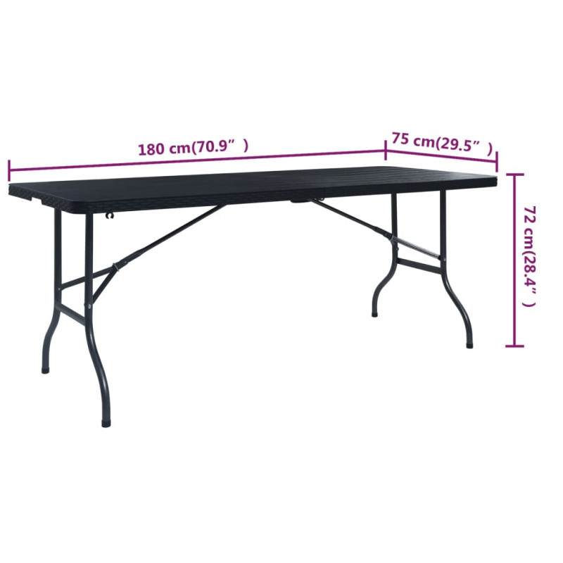Składany stolik, czarny 180x75x72 cm, HDPE, imitacja rattanu