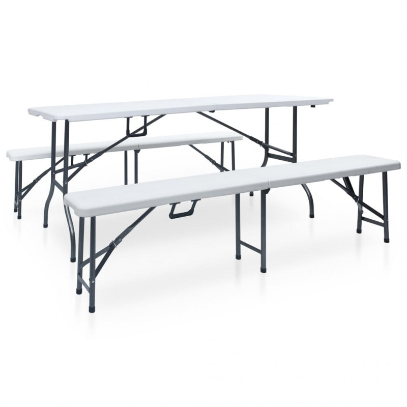 Składany stół ogrodowy z 2 ławkami, 180 cm, stal i HDPE, biały