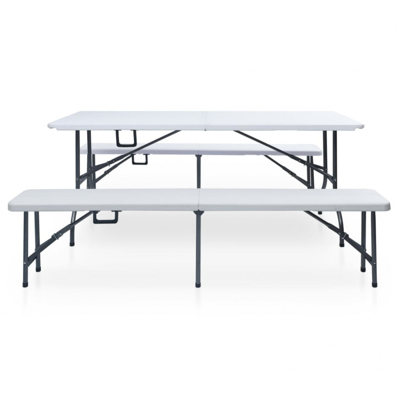 Składany stół ogrodowy z 2 ławkami, 180 cm, stal i HDPE, biały