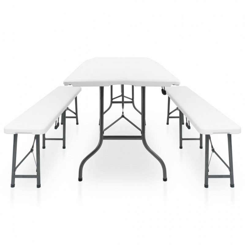 Składany stół ogrodowy z 2 ławkami, 180 cm, stal i HDPE, biały