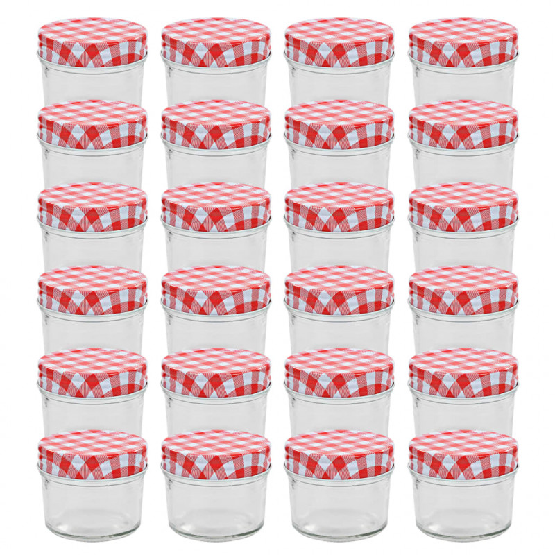 Szklane słoiki na dżem, biało-czerwone pokrywki, 24 szt, 110 ml