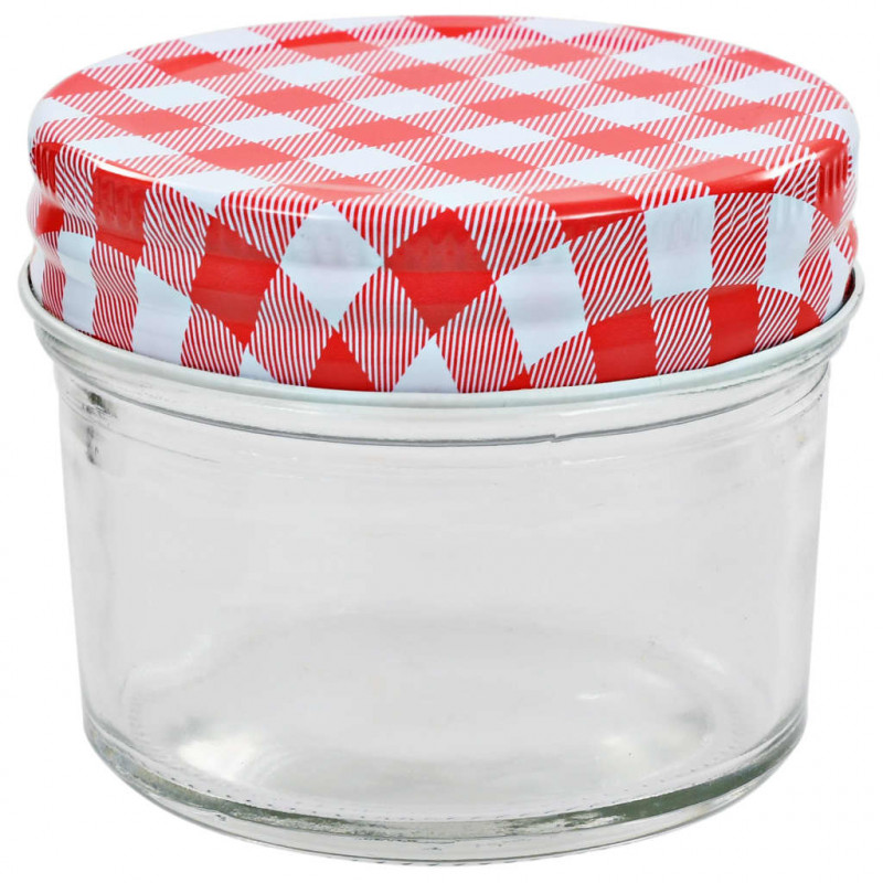 Szklane słoiki na dżem, biało-czerwone pokrywki, 96 szt, 110 ml