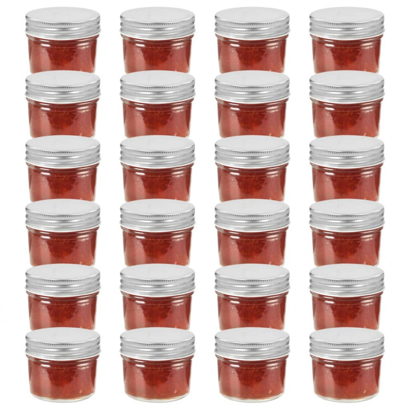 Szklane słoiki na dżem, srebrne pokrywki, 24 szt., 110 ml