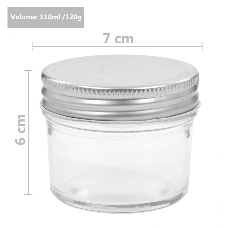 Szklane słoiki na dżem, srebrne pokrywki, 48 szt., 110 ml