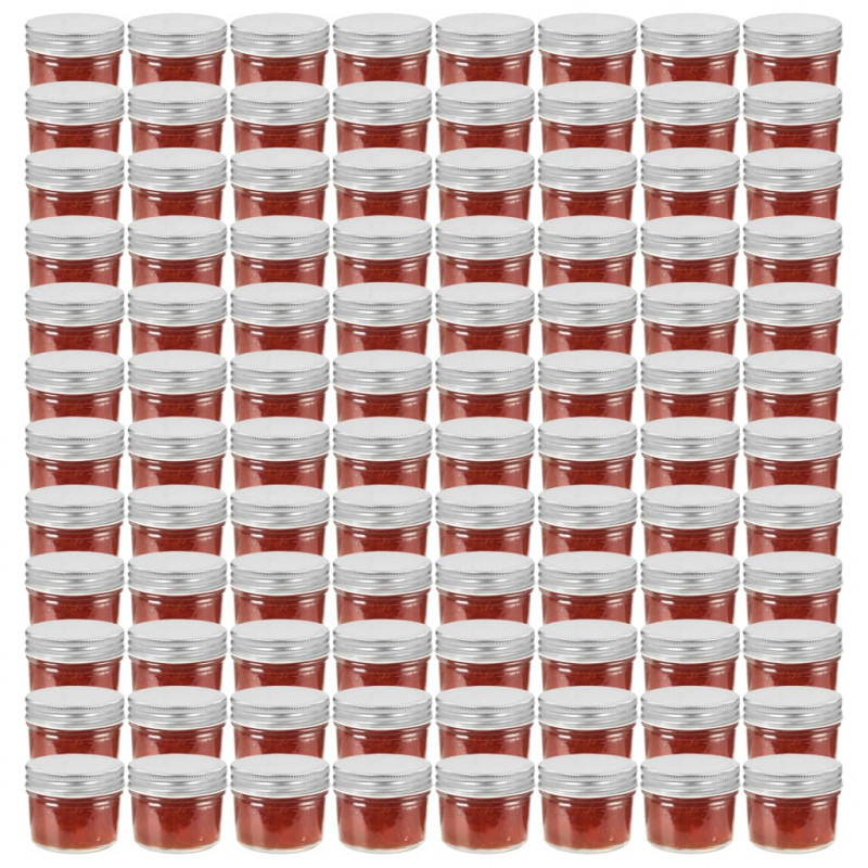 Szklane słoiki na dżem, srebrne pokrywki, 96 szt., 110 ml