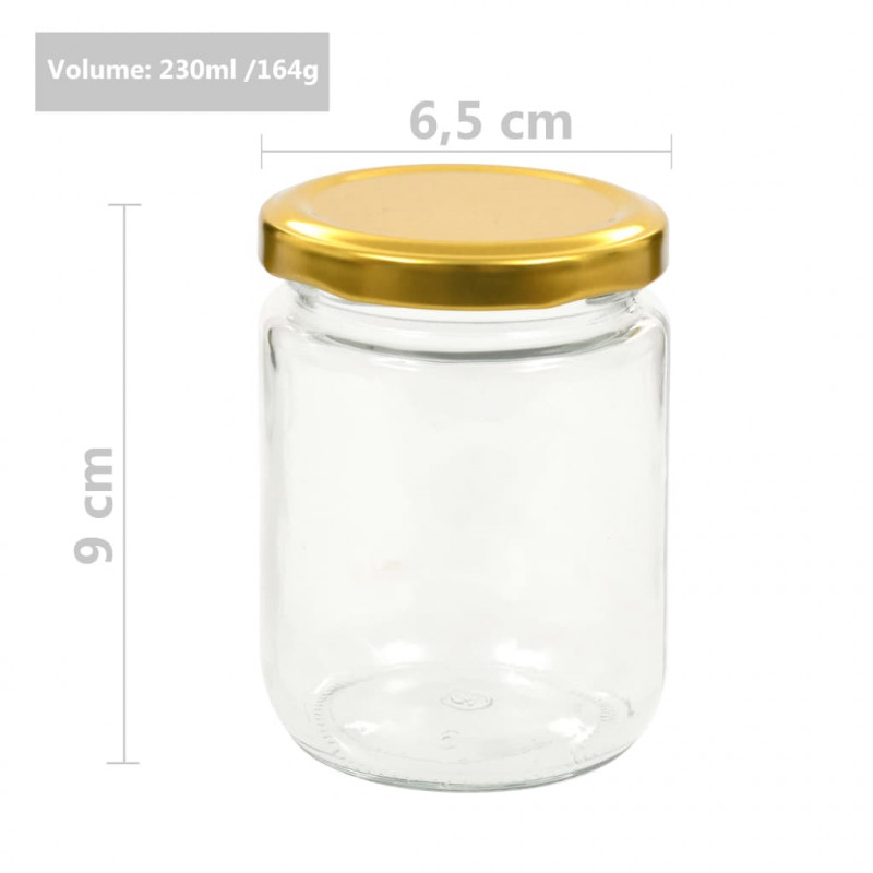 Szklane słoiki na dżem, złote pokrywki, 96 szt., 230 ml