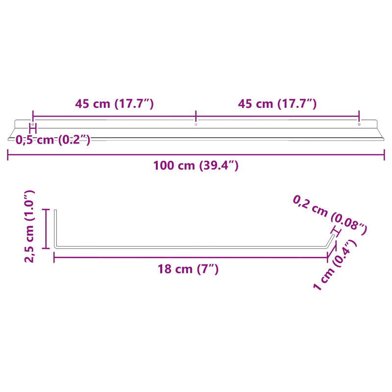 Półka wisząca 2 pcs Różowy 100 x 18 x 2,5 cm Stal