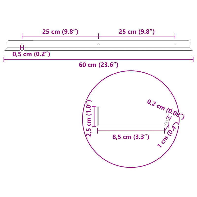 Półka wisząca 2 pcs Biały 60 x 9 x 2,5 cm Stal