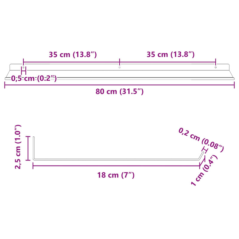 Półka wisząca 4 pcs Czarny 80 x 18 x 2,5 cm Stal