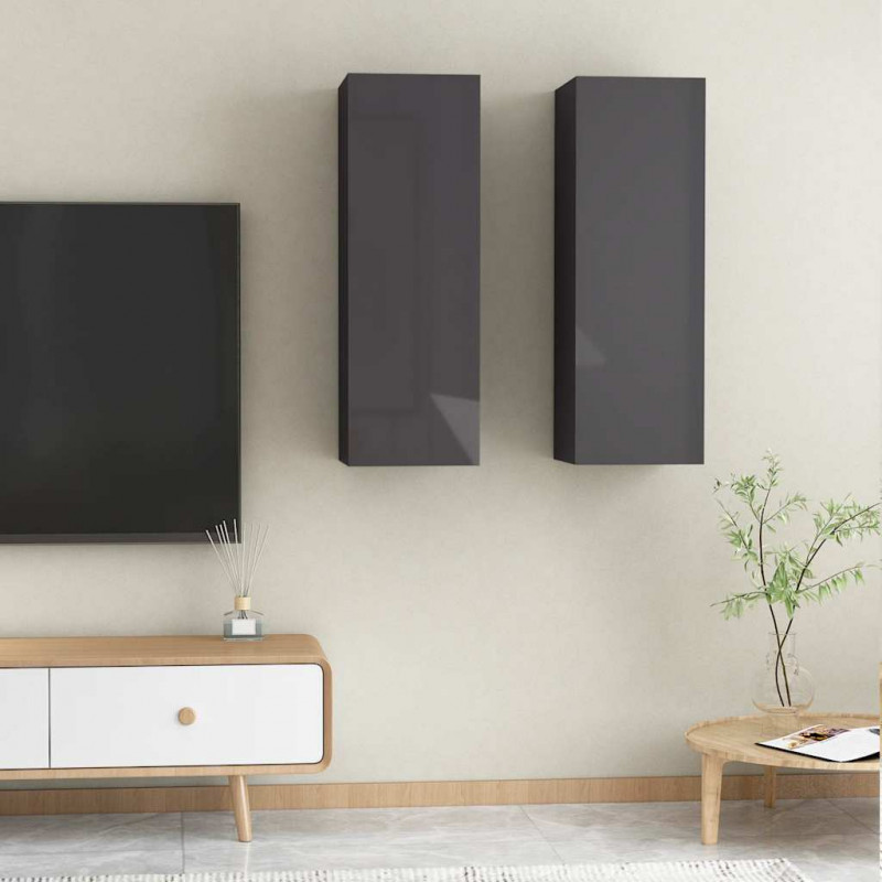 Szafki TV, 2 szt., wysoki połysk, szare, 30,5x30x90 cm