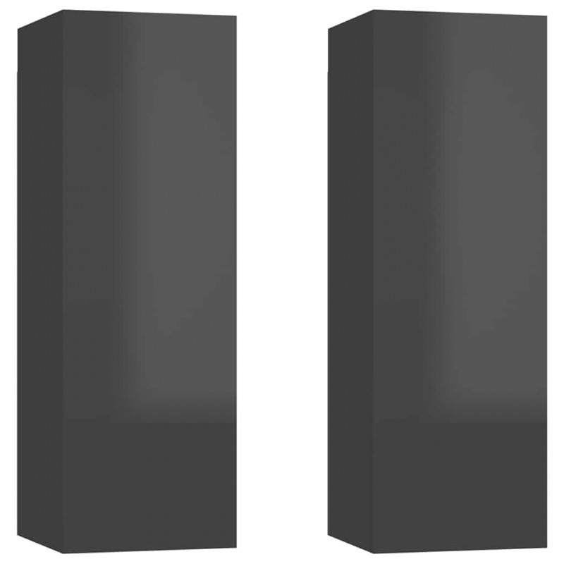 Szafki TV, 2 szt., wysoki połysk, szare, 30,5x30x90 cm
