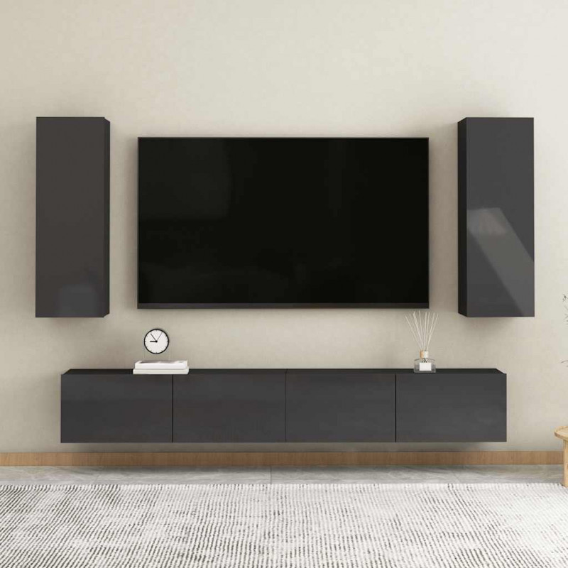 Szafki TV, 2 szt., wysoki połysk, szare, 30,5x30x90 cm