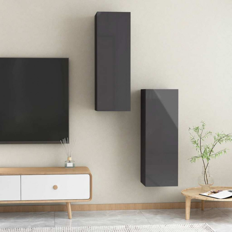 Szafki TV, 2 szt., wysoki połysk, szare, 30,5x30x90 cm