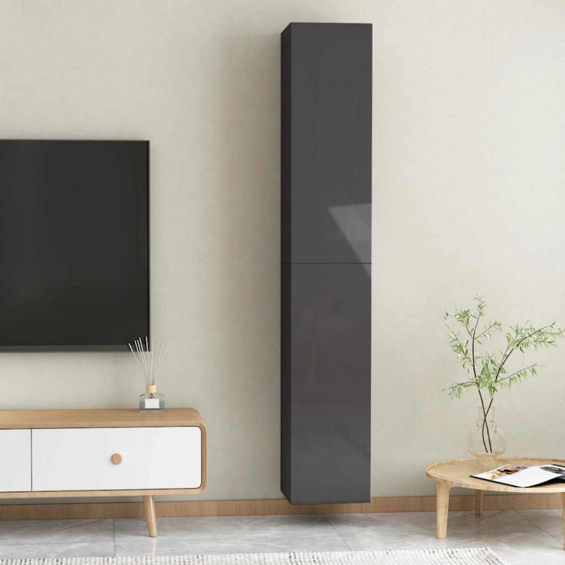 Szafki TV, 2 szt., wysoki połysk, szare, 30,5x30x90 cm