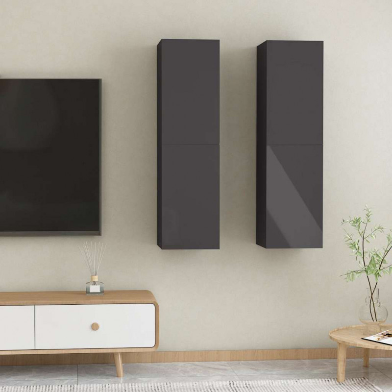 Szafki TV, 2 szt., szare, wysoki połysk, 30,5x30x110 cm