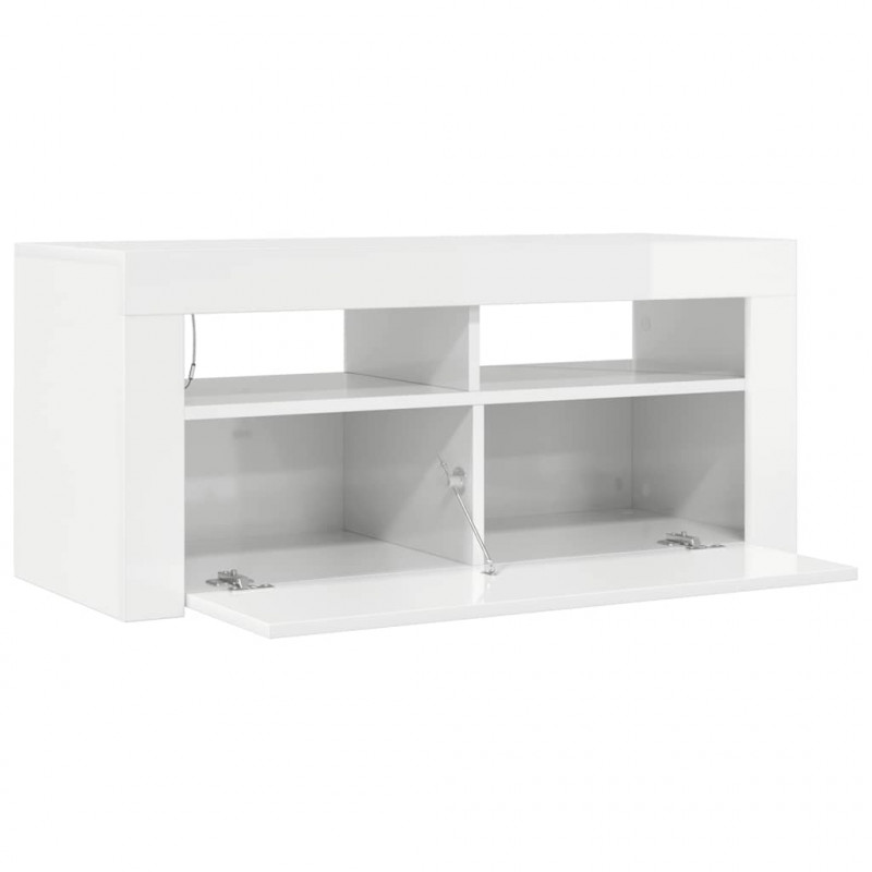 Szafka TV z oświetleniem LED, wysoki połysk, biała, 90x35x40 cm
