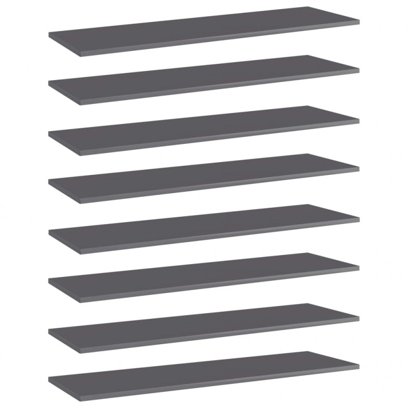 Półki na książki, 8 szt., wysoki połysk, szare, 100x30x1,5 cm