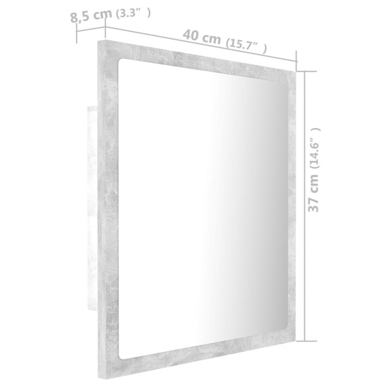 Lustro łazienkowe LED, szarość betonu, 40x8,5x37 cm, akryl