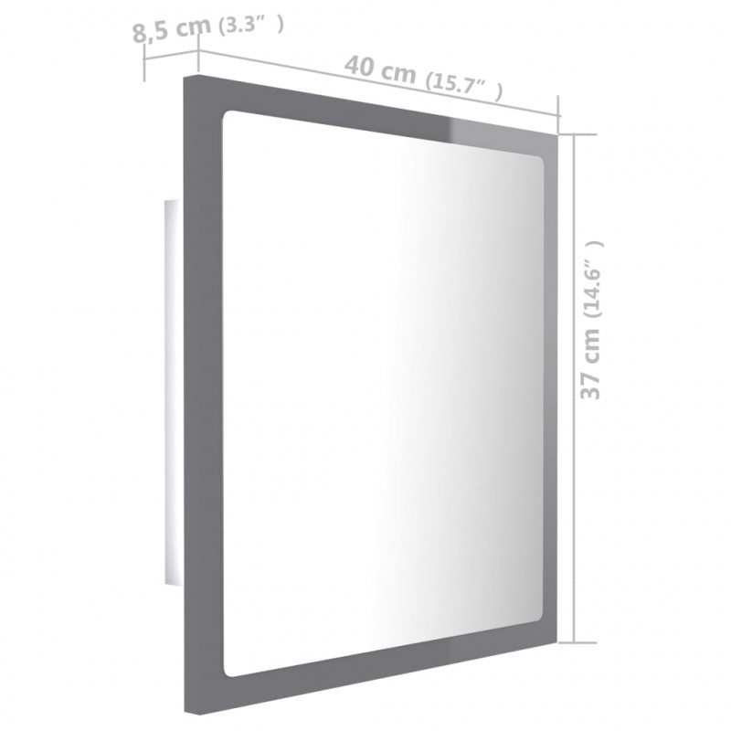 Lustro łazienkowe LED, wysoki połysk, szare, 40x8,5x37cm, akryl