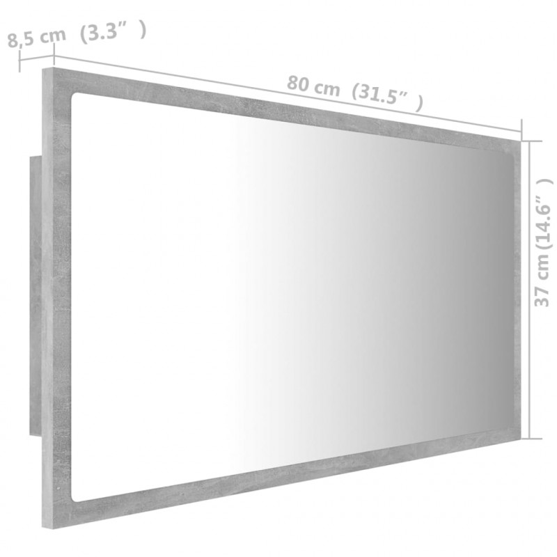 Lustro łazienkowe LED, szarość betonu, 80x8,5x37 cm, akryl