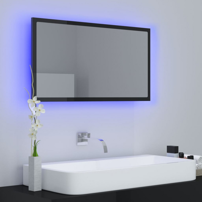 Lustro łazienkowe LED, wysoki połysk czarne, 80x8,5x37cm, akryl