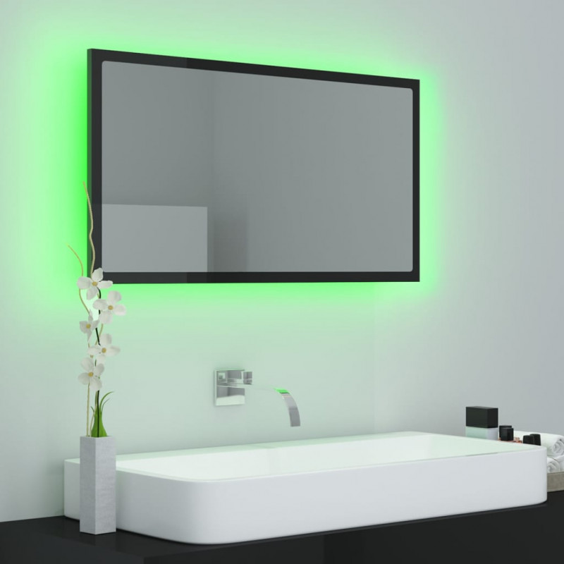 Lustro łazienkowe LED, wysoki połysk czarne, 80x8,5x37cm, akryl